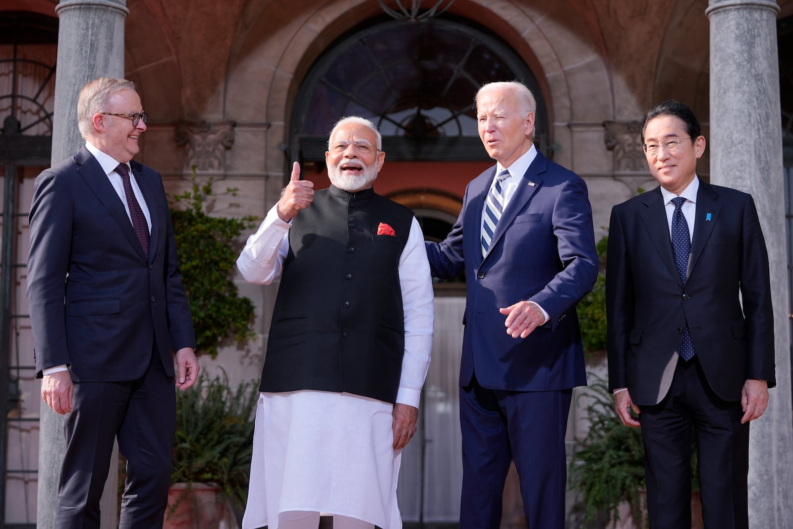 President Joe Biden greets from left, Australia's Prime Minister Anthony Albanese, India's Prime Minister Narendra Modi and Japan's Prime Minister Fumio Kishida, at the Quad leaders summit at Archmere Academy in Claymont, Del., Saturday, Sept. 21, 2024. (AP Photo/Mark Schiefelbein)