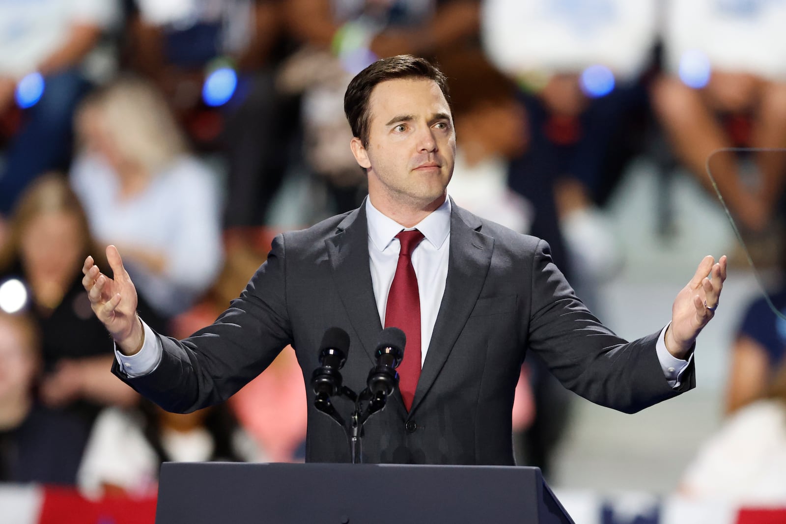 FILE - State Sen. Jeff Jackson, D-Mecklenburg, Democratic candidate for North Carolina Attorney General, speaks at a campaign event for Democratic presidential nominee Vice President Kamala Harris in Charlotte, N.C., Sept. 12, 2024. (AP Photo/Nell Redmond, File)