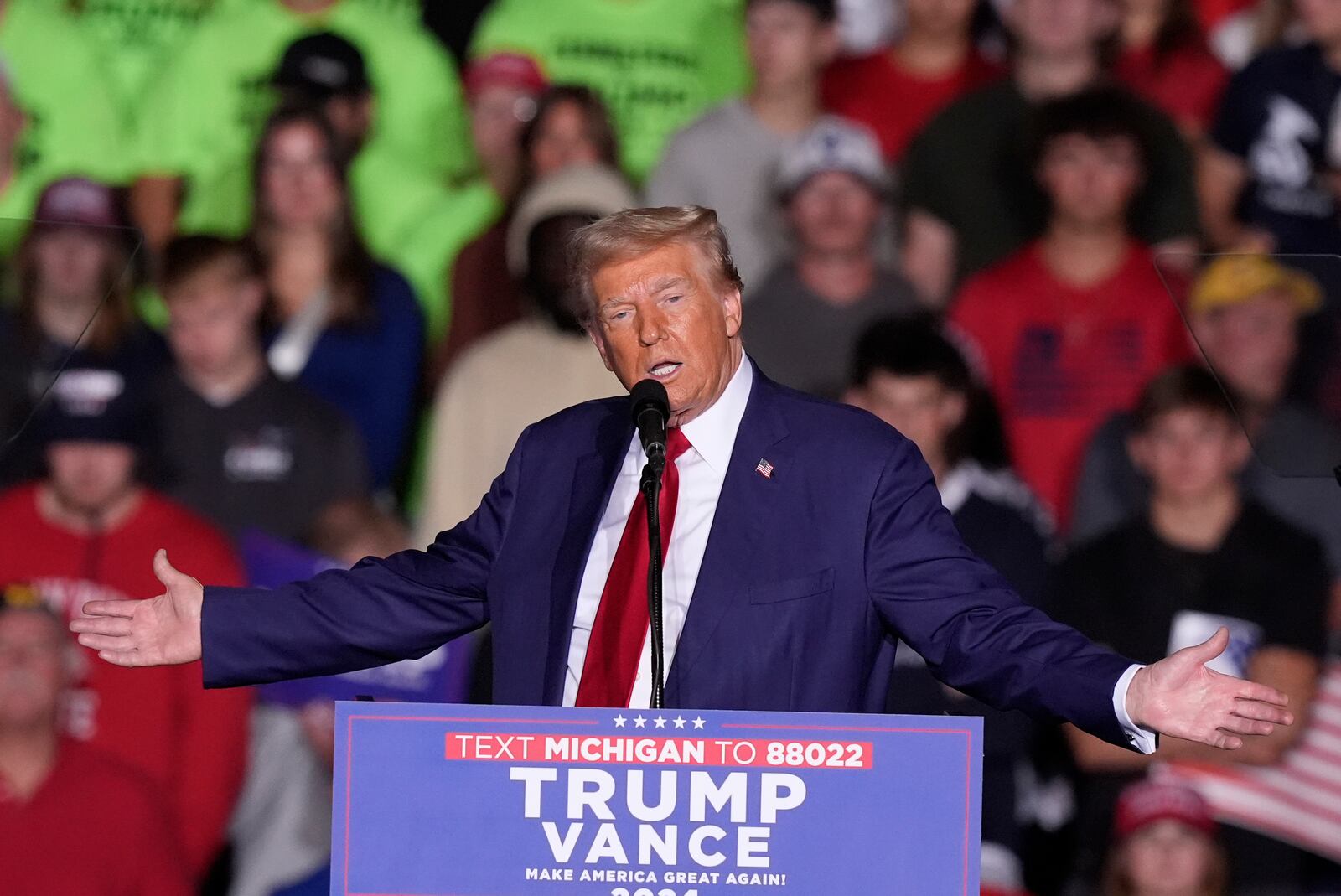 Republican presidential nominee former President Donald Trump speaks at a campaign event at the Ryder Center at Saginaw Valley State University, Thursday, October. 2, 2024 in University Center, Mich. (AP Photo/Carlos Osorio)