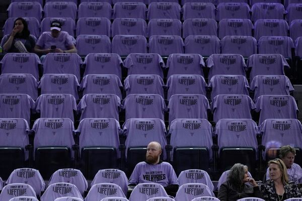 Golden State Valkyries t-shirts are placed on seats for fans at Chase Center before a WNBA basketball game between the Valkyries and the Los Angeles Sparks in San Francisco, Friday, May 16, 2025. (AP Photo/Jeff Chiu)