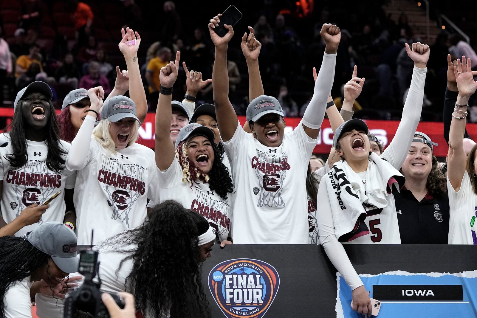 FILE - South Carolina players celebrate after the Final Four college basketball championship game against Iowa in the women's NCAA Tournament, April 7, 2024, in Cleveland. (AP Photo/Morry Gash, File)