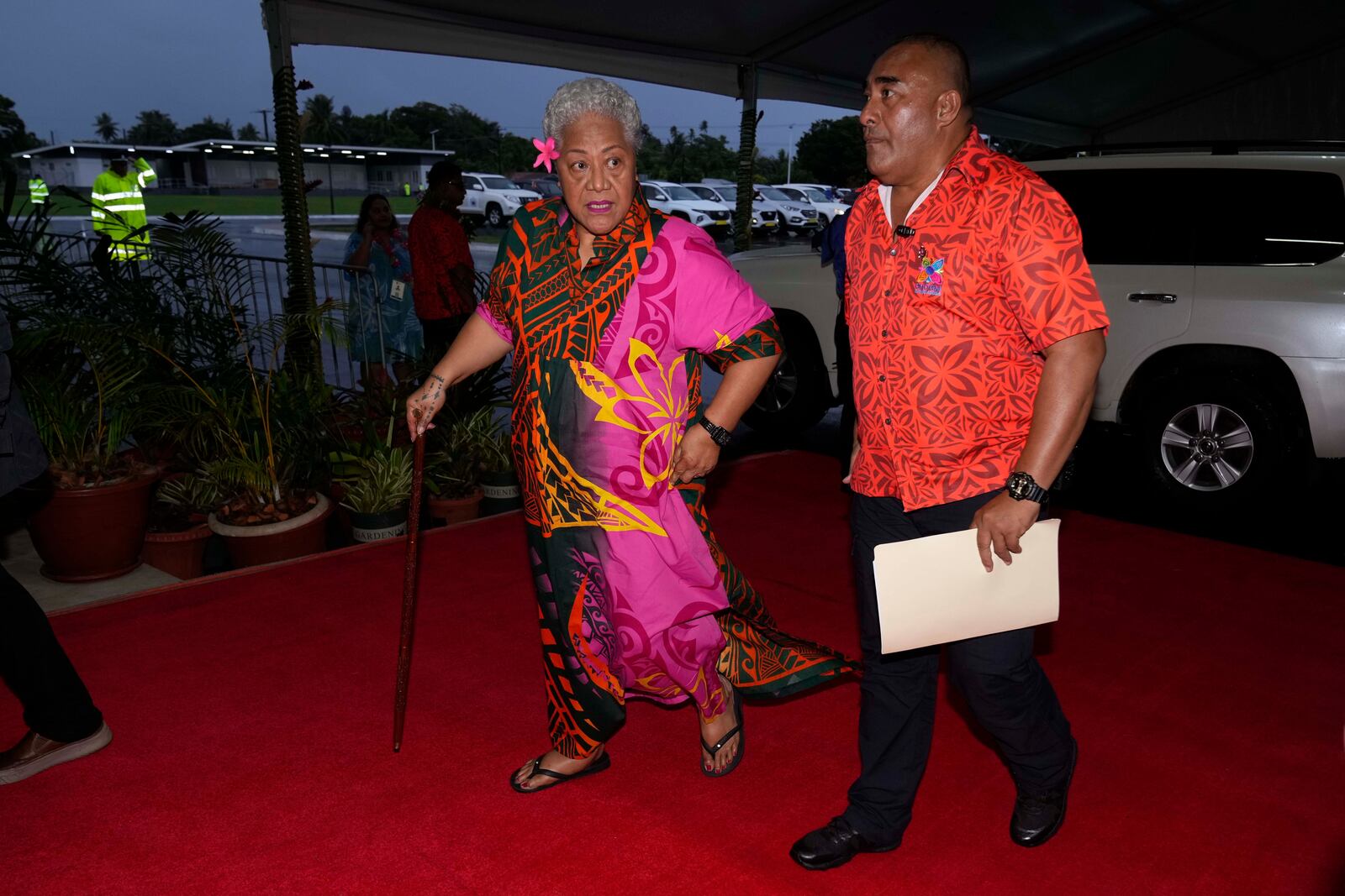 Samoan Prime Minister Afioga Fiamē Naomi Mataʻafa arrives for the official welcome reception for the Commonwealth Heads of Government meeting in Apia, Samoa, Thursday, Oct. 24, 2024. (AP Photo/Rick Rycroft/Pool)