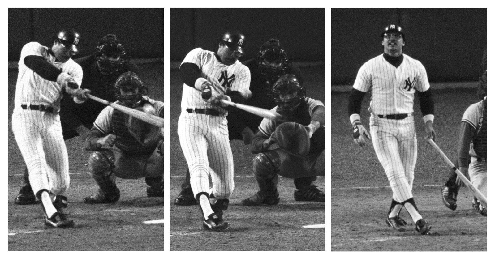 FILE - In this combo image, New York Yankees slugger Reggie Jackson hits home runs on three consecutive pitches from three different Los Angeles Dodgers pitchers in Game 6 of the World Series, Oct. 18, 1977. Here, from left, Jackson goes deep off Burt Hooton in the fourth inning. Then, he takes Elias Sosa out of the park in the fifth. And finally, he admires his eighth inning homer off Charlie Hough. (AP Photos/Ray Stubblebine, File)