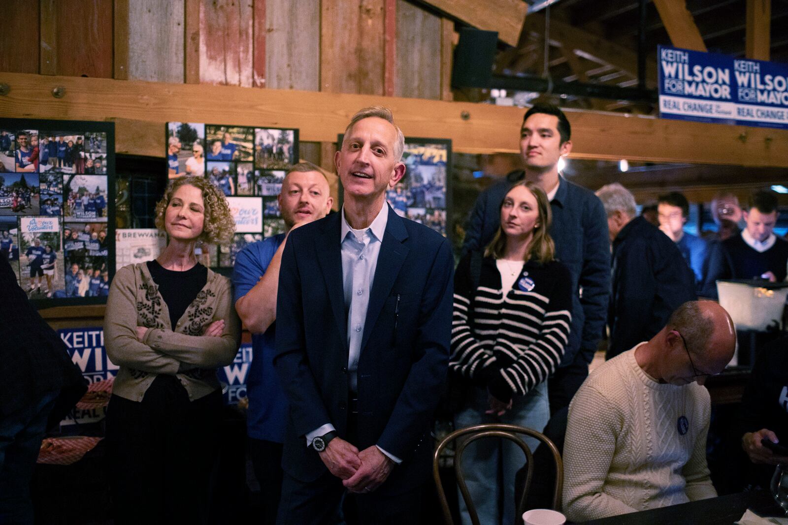 Portland mayoral candidate Keith Wilson on election night at Old Town Brewing in Portland, Ore., Tuesday, Nov. 5, 2024. (Beth Nakamura/The Oregonian via AP)