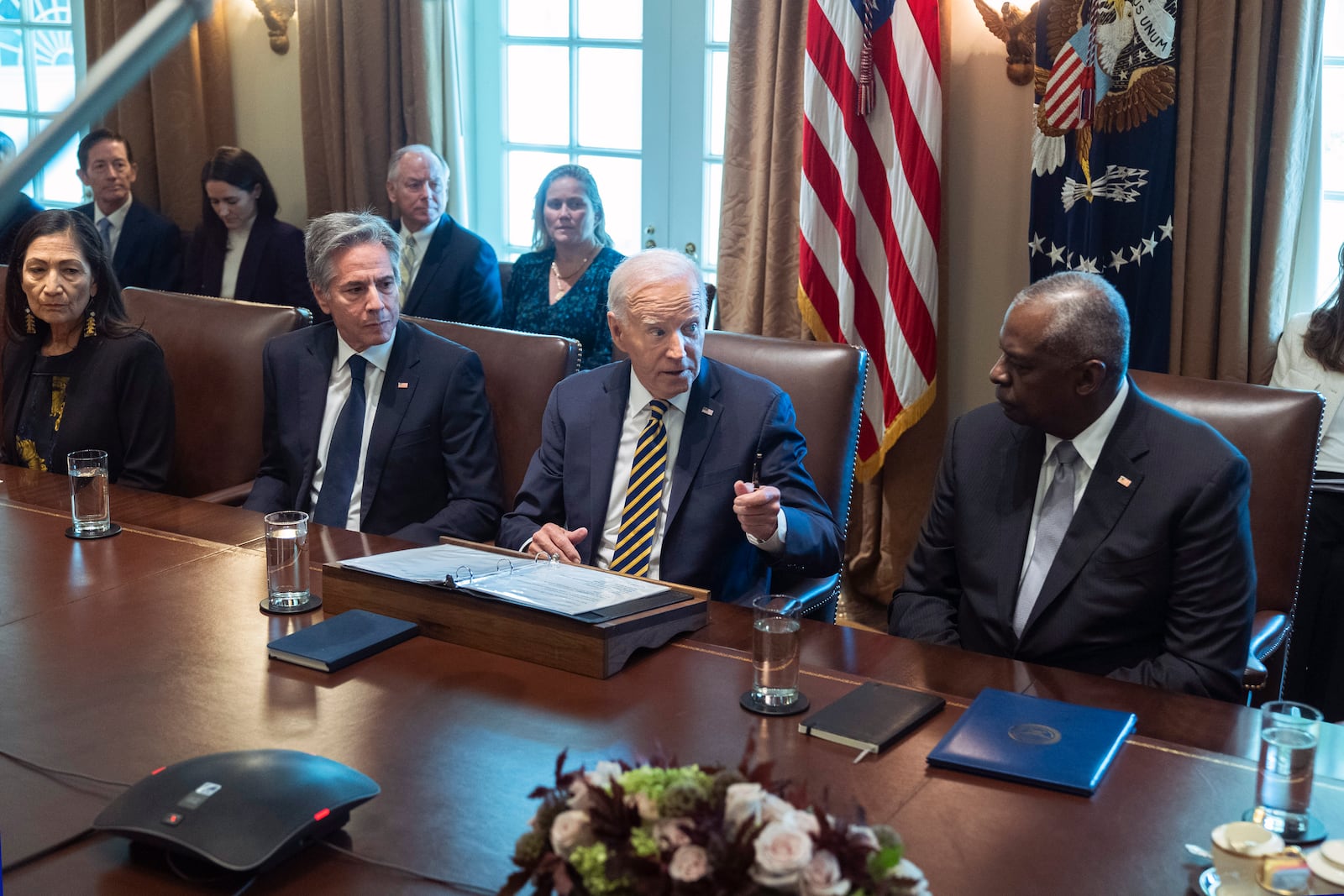 President Joe Biden with, from left, Secretary of the Interior Deb Haaland, Secretary of State Antony Blinken and Secretary of Defense Lloyd Austin, speaks during a meeting with the members of his cabinet and first lady Jill Biden, in the Cabinet Room of the White House, Friday, Sept. 20, 2024. (AP Photo/Manuel Balce Ceneta)