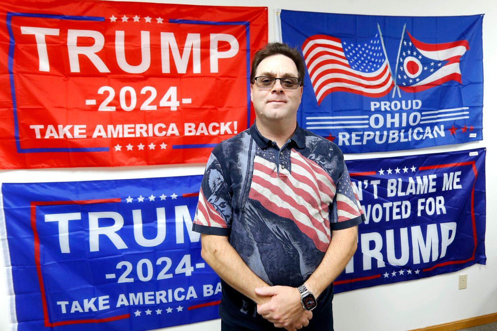 Doug Deepen, the chair of the Wayne County Republican Party in Ohio poses at the Wayne County Republican Party headquarters in Wooster, Ohio, Oct. 8, 2024. (AP Photo/Tom E. Puskar)