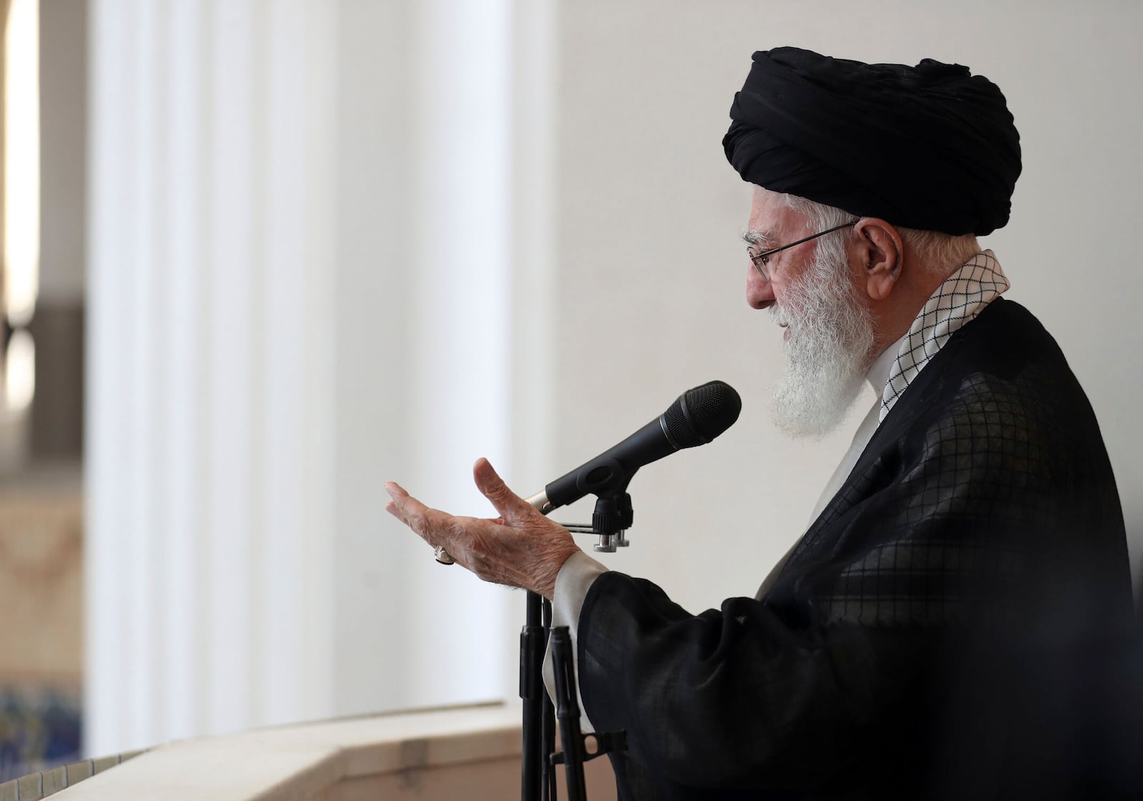 In this photo released by the official website of the office of the Iranian supreme leader, Supreme Leader Ayatollah Ali Khamenei gestures as he delivers his sermon during Friday prayers at Imam Khomeini grand mosque, in Tehran, Iran, Friday, Oct. 4, 2024. (Office of the Iranian Supreme Leader via AP)