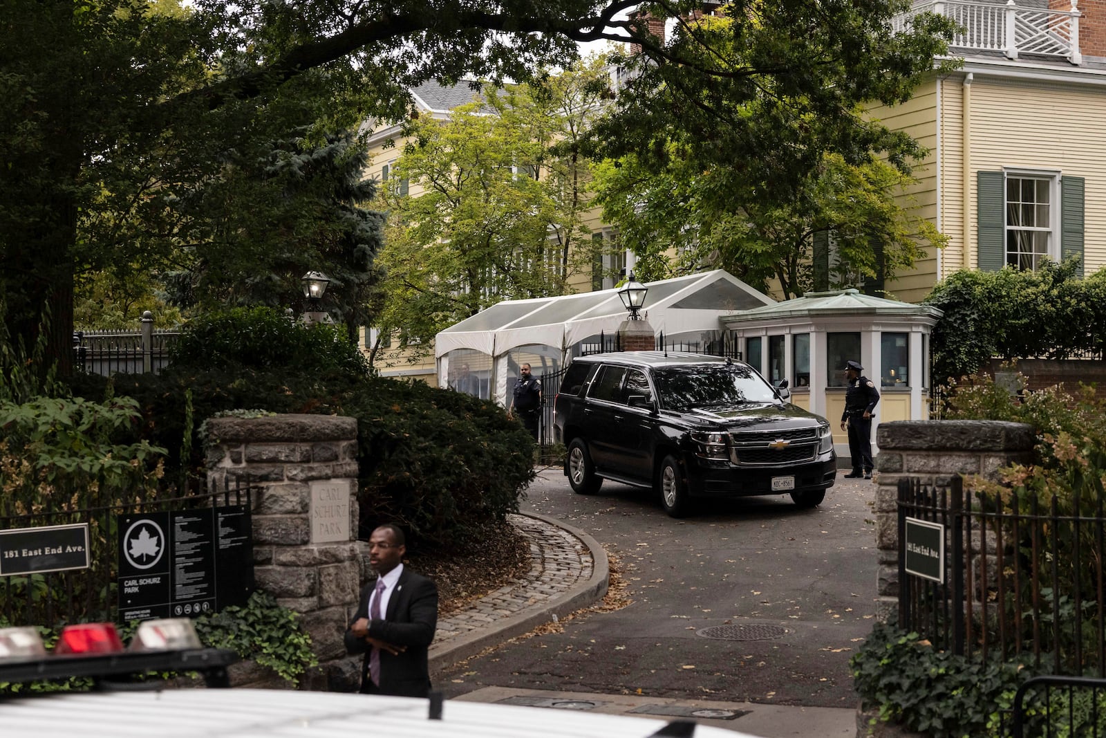 A vehicle drives out of Gracie Mansion, the official residence of New York City Mayor Eric Adams, Thursday, Sep. 26, 2024, in New York. (AP Photo/Yuki Iwamura)