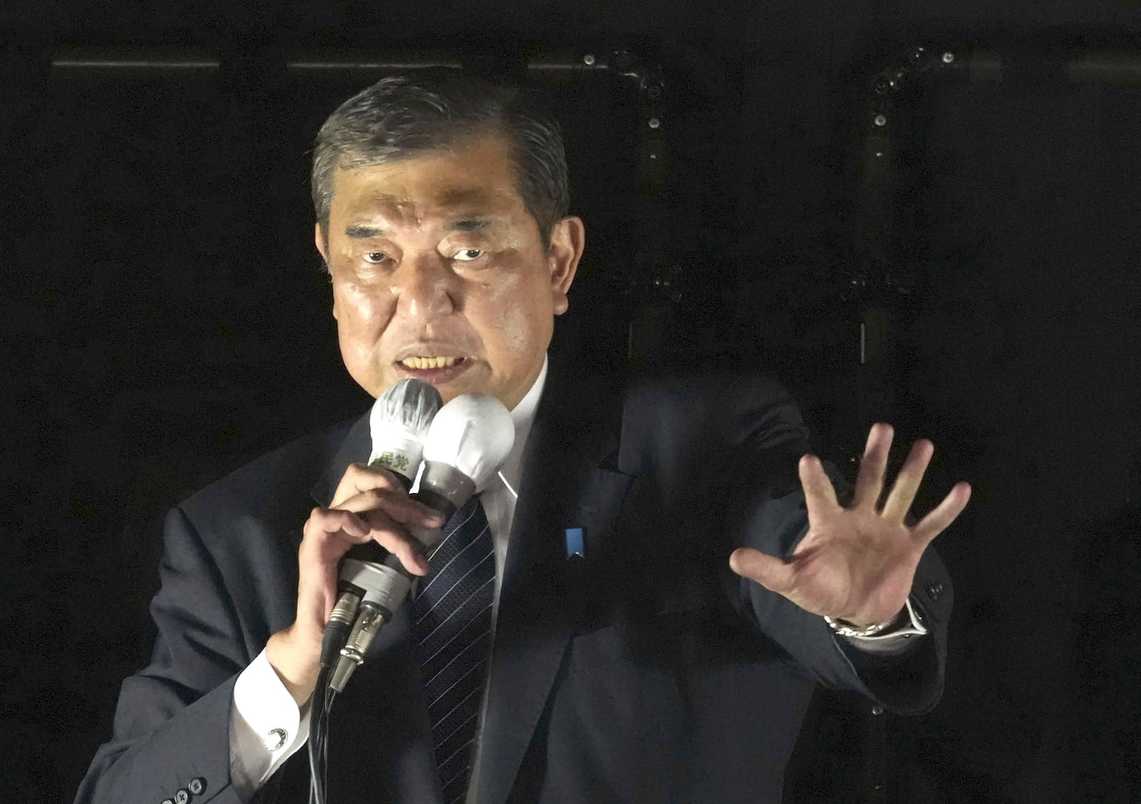 Japan's Prime Minister and head of the governing Liberal Democratic Party Shigeru Ishiba speaks during a campaigning for a parliamentary election in Tokyo, Japan, Saturday, Oct. 26, 2024. (Kyodo News via AP)