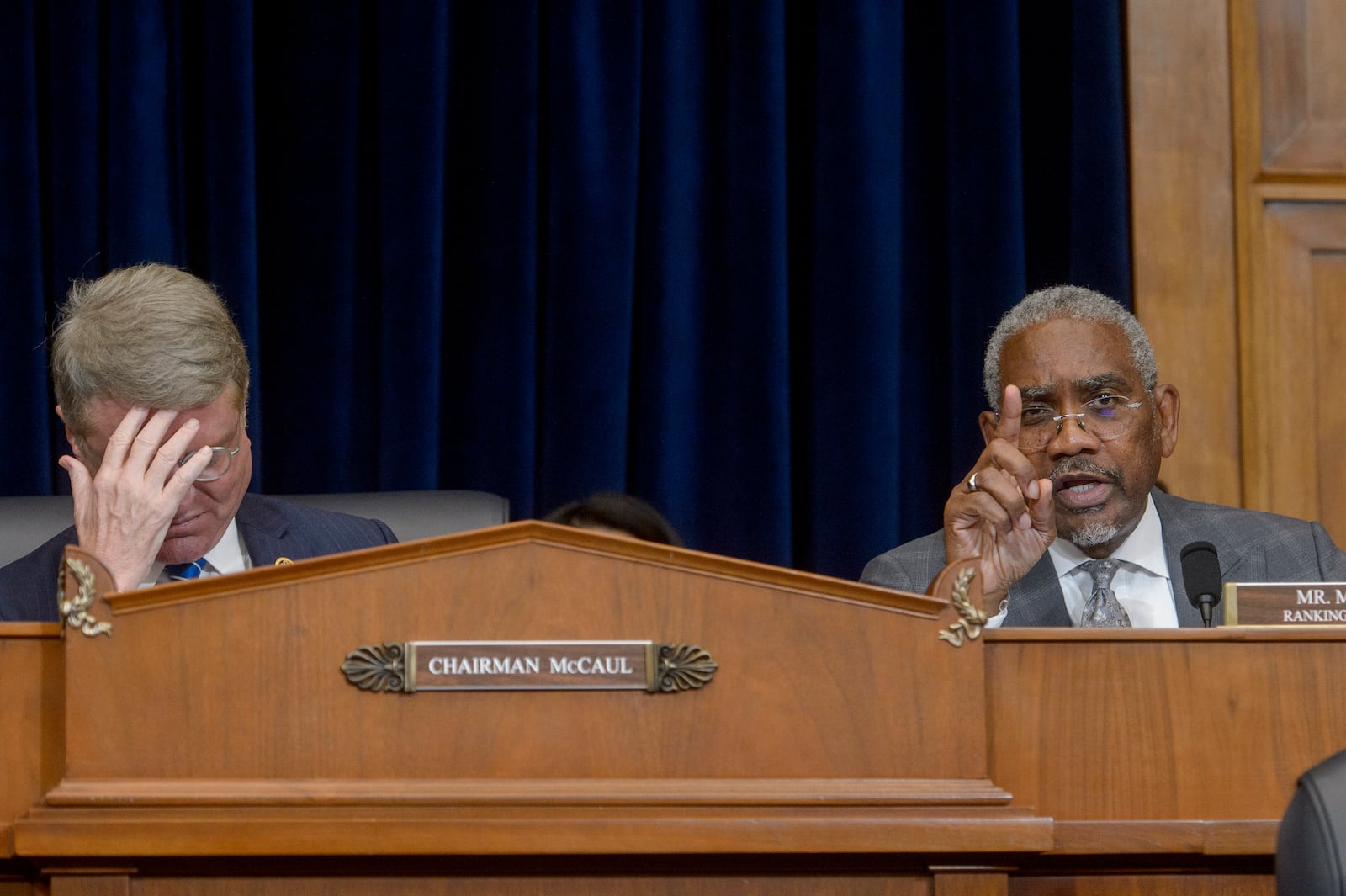 House Committee on Foreign Affairs Chairman Michael McCaul, R-Texas, left, listens while House Committee on Foreign Affairs Ranking Member Gregory Meeks, D-N.Y., right, speaks during a House Committee on Foreign Affairs hearing "An Assessment of the State Departments Withdrawal from Afghanistan by Americas Top Diplomat," on Capitol Hill, in Washington, Tuesday, Sept. 24, 2024. (AP Photo/Rod Lamkey, Jr.)