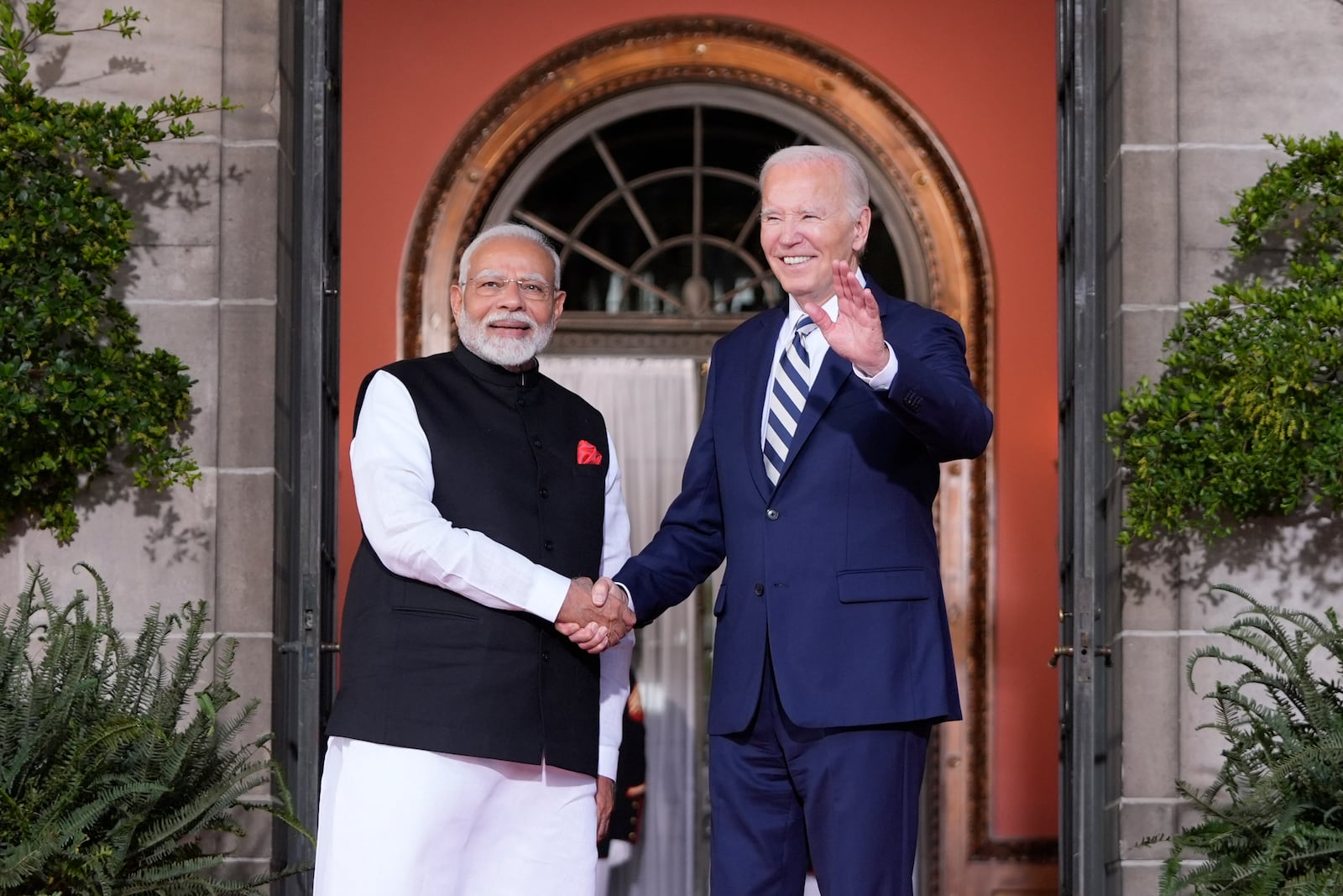 President Joe Biden greets India's Prime Minister Narendra Modi at the Quad leaders summit at Archmere Academy in Claymont, Del., Saturday, Sept. 21, 2024. (AP Photo/Mark Schiefelbein)