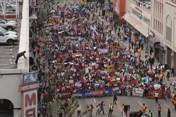 Demonstrators march during a May Day protest Thursday, May 1, 2025, in Los Angeles. (AP Photo/Jae C. Hong)