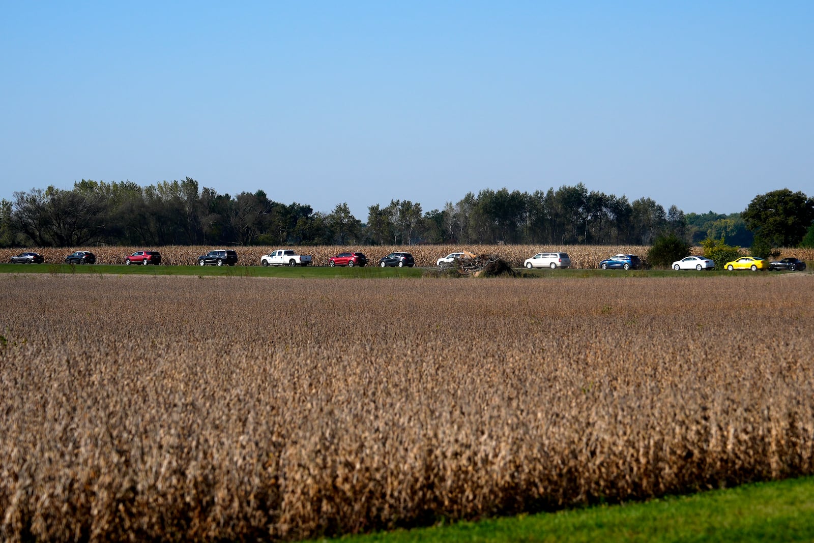 Cars drive to the entrance of a campaign rally for Republican presidential nominee former President Donald Trump at Dodge County Airport, Sunday, Oct. 6, 2024, in Juneau, Wis. (AP Photo/Julia Demaree Nikhinson)