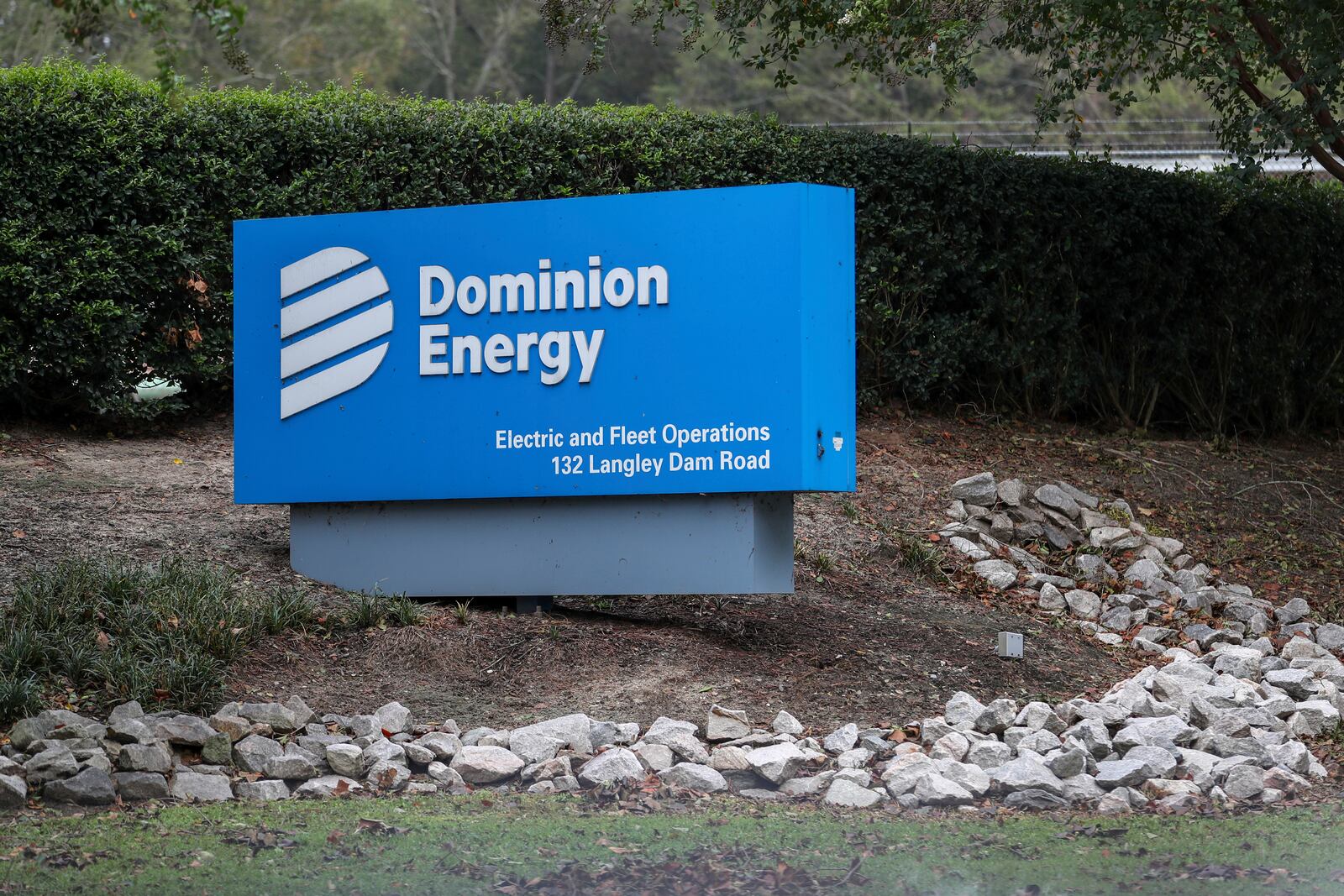 The Dominion Energy sign outside of the Electric and Fleet Operations center in the aftermath of Hurricane Helene Sunday, Sept. 29, 2024, in Aiken, S.C. (AP Photo/Artie Walker Jr.)