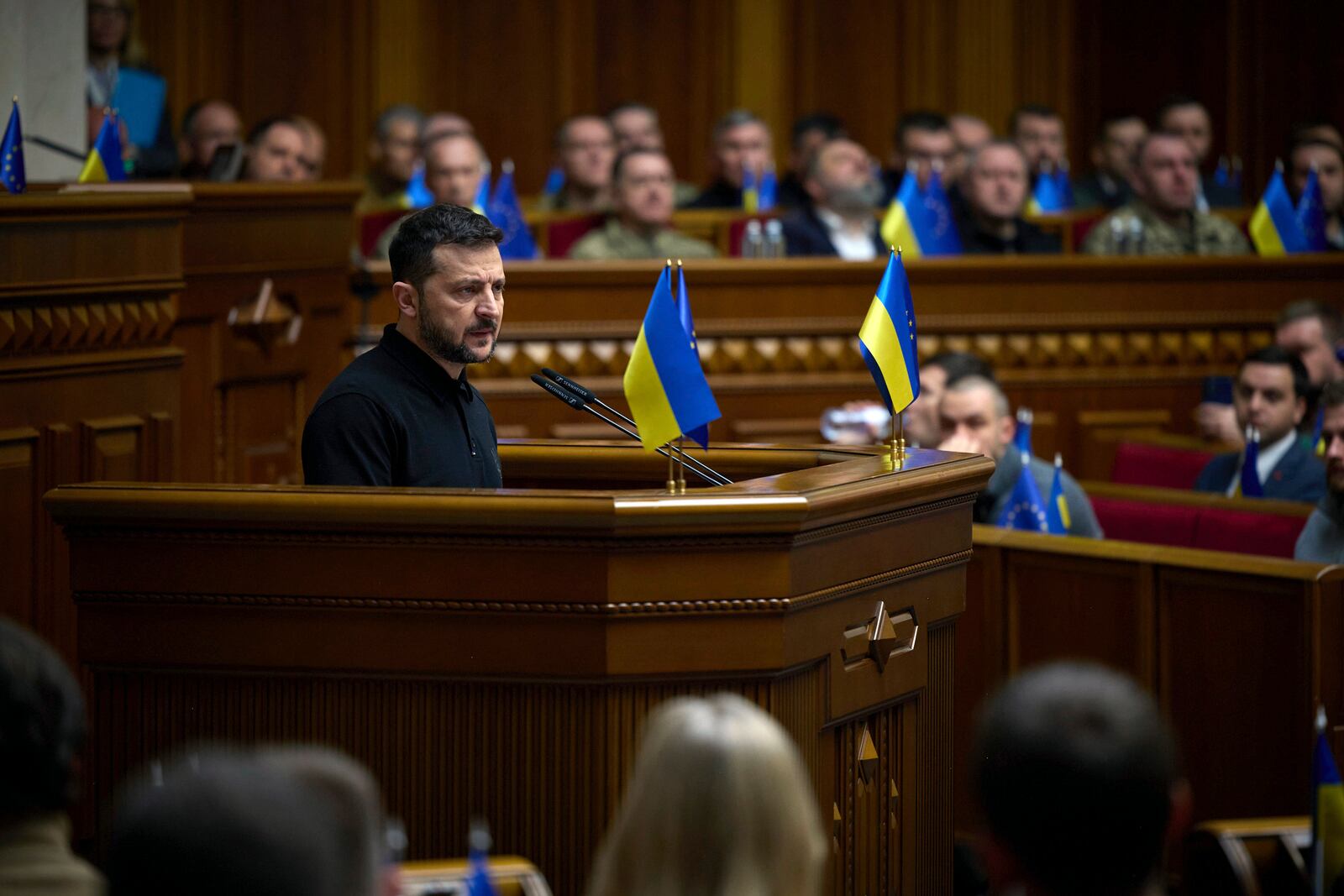 In this photo provided by the Press Service Of The President Of Ukraine on Oct. 16, 2024, Ukraine's President Volodymyr Zelenskyy speaks to parliamentarians at Verkhovna Rada in Kyiv, Ukraine. (Press Service Of The President Of Ukraine via AP)