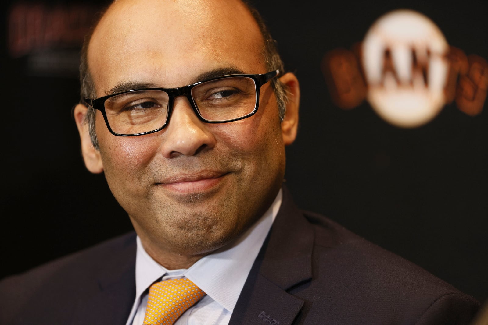 San Francisco Giants president of baseball operations Farhan Zaidi attends a news conference about third baseman Matt Chapman's contract extension at Oracle Park in San Francisco, Thursday, Sept. 5, 2024. (Santiago Mejia/San Francisco Chronicle via AP)