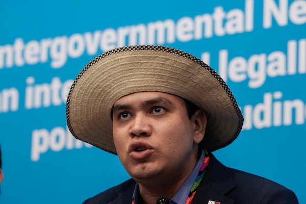 Juan Carlos Monterrey, head of Panama's delegation, speaks during a press conference at the fifth session of the Intergovernmental Negotiating Committee on Plastic Pollution in Busan, South Korea, Friday, Nov. 29, 2024. (AP Photo/Ahn Young-joon)