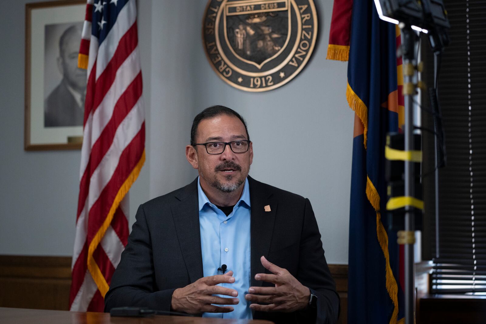 FILE - Arizona Secretary of State Adrian Fontes, a Democrat, speaks during an interview with the Associated Press in Arizona, Monday, March 4, 2024. (AP Photo/Serkan Gurbuz, File)