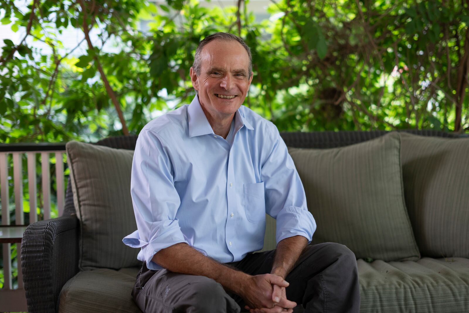 Economist Simon Johnson poses for a photograph after jointly winning the Nobel memorial prize in economics, at his home in Washington, Monday, Oct. 14, 2024. (AP Photo/Ben Curtis)