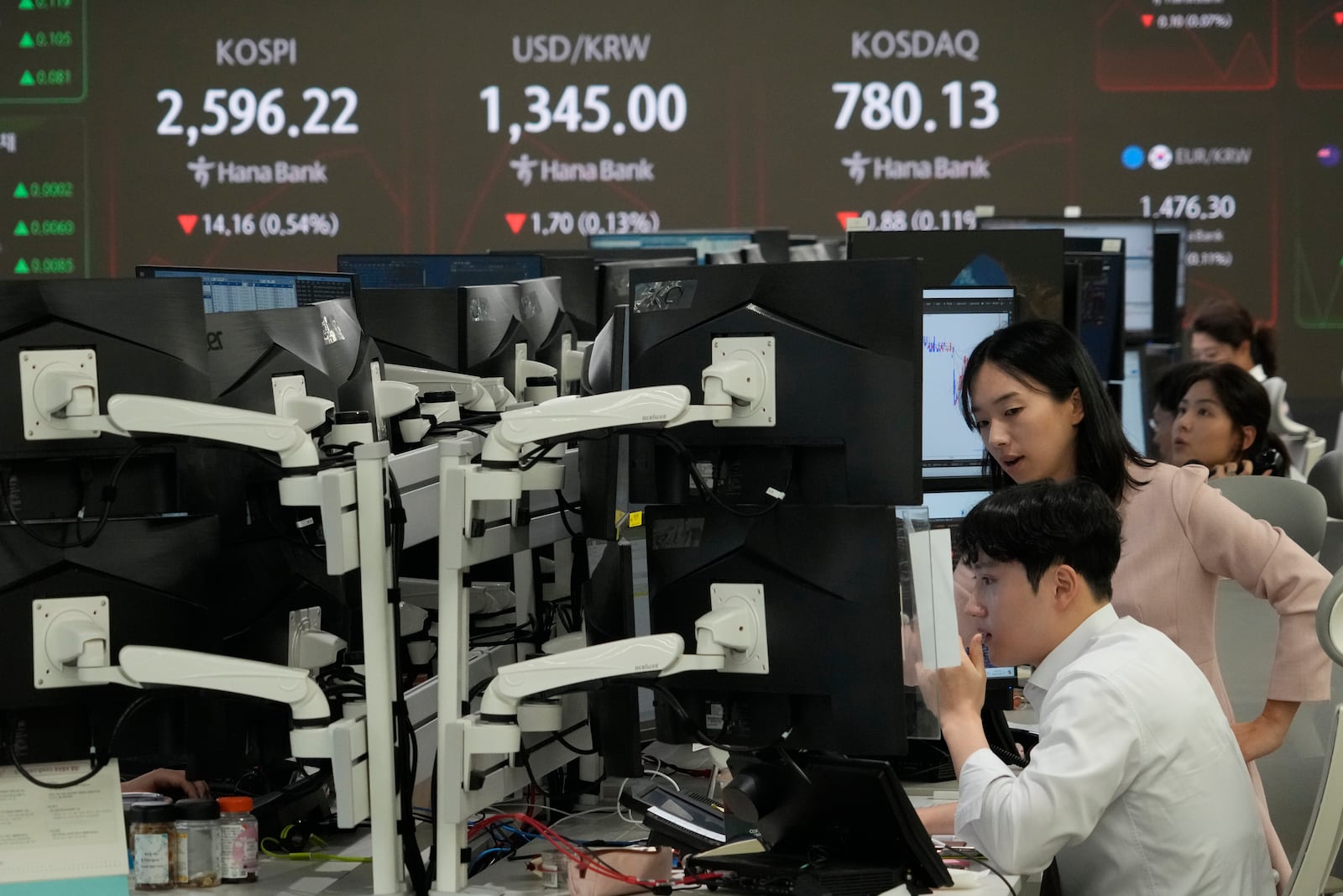 Currency traders watch monitors at the foreign exchange dealing room of the KEB Hana Bank headquarters in Seoul, South Korea, Tuesday, Oct. 8, 2024. (AP Photo/Ahn Young-joon)