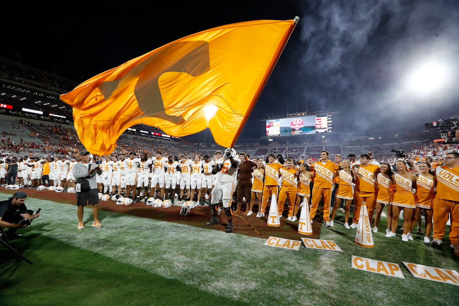 FILE - Tennessee celebrates after defeating Oklahoma during an NCAA college football game in Norman, Okla., Sept. 21, 2024. (AP Photo/Alonzo Adams, File)