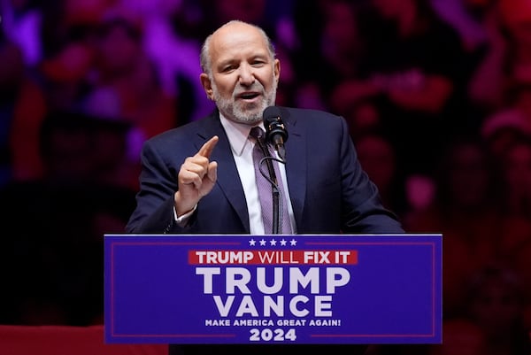 FILE - Howard Lutnick speaks at a campaign rally at Madison Square Garden, in New York, Oct. 27, 2024. (AP Photo/Evan Vucci, File)