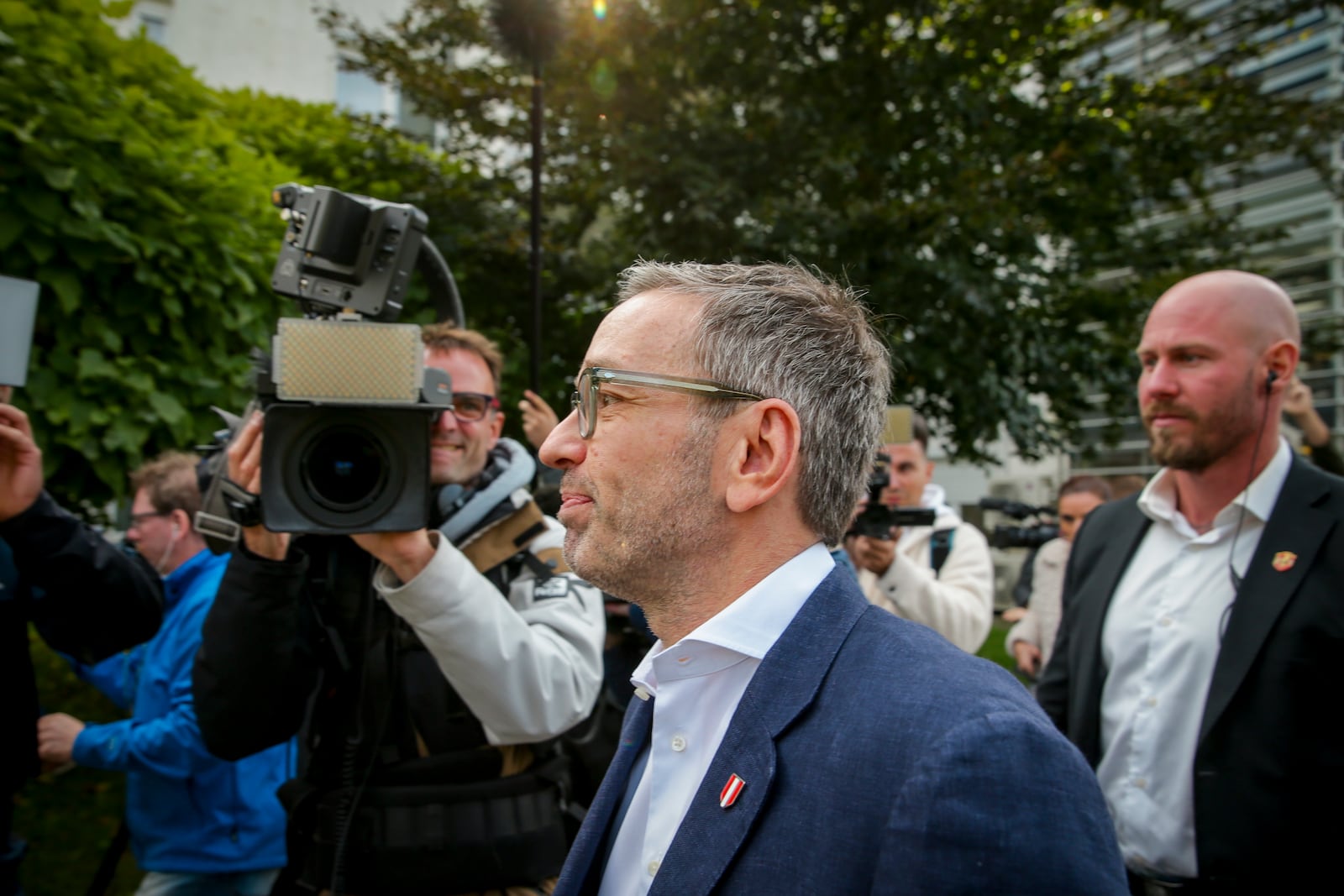 Herbert Kickl, leader of the Freedom Party of Austria arrives at a polling station in Purkersdorf, Austria, Sunday, Sept. 29, 2024, to cast his vote in the country's national election. (AP Photo/Heinz-Peter Bader)