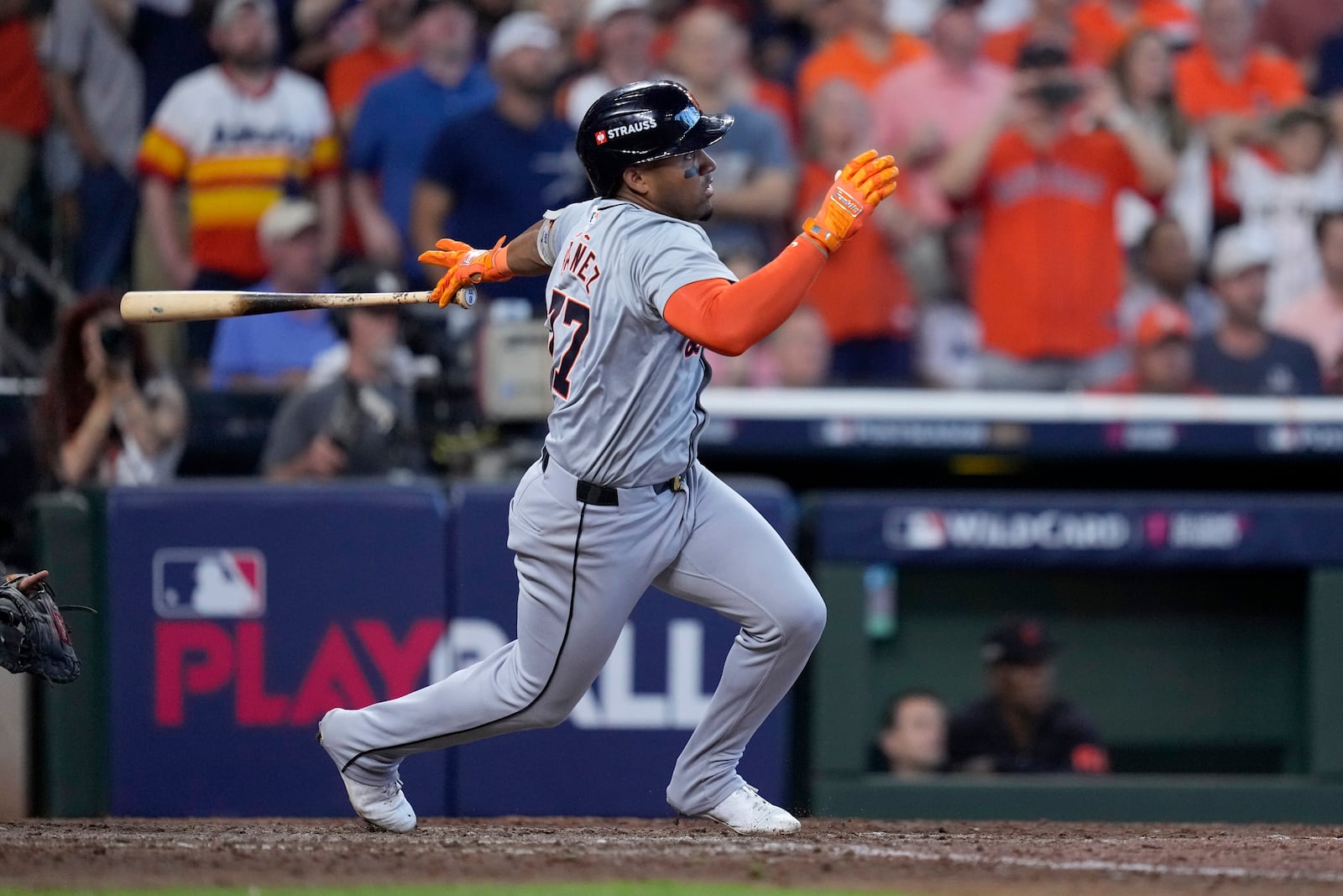 Detroit Tigers' Andy Ibanez follows through on a bases-clearing double against the Houston Astros in the eighth inning of Game 2 of an AL Wild Card Series baseball game Wednesday, Oct. 2, 2024, in Houston. (AP Photo/Kevin M. Cox)