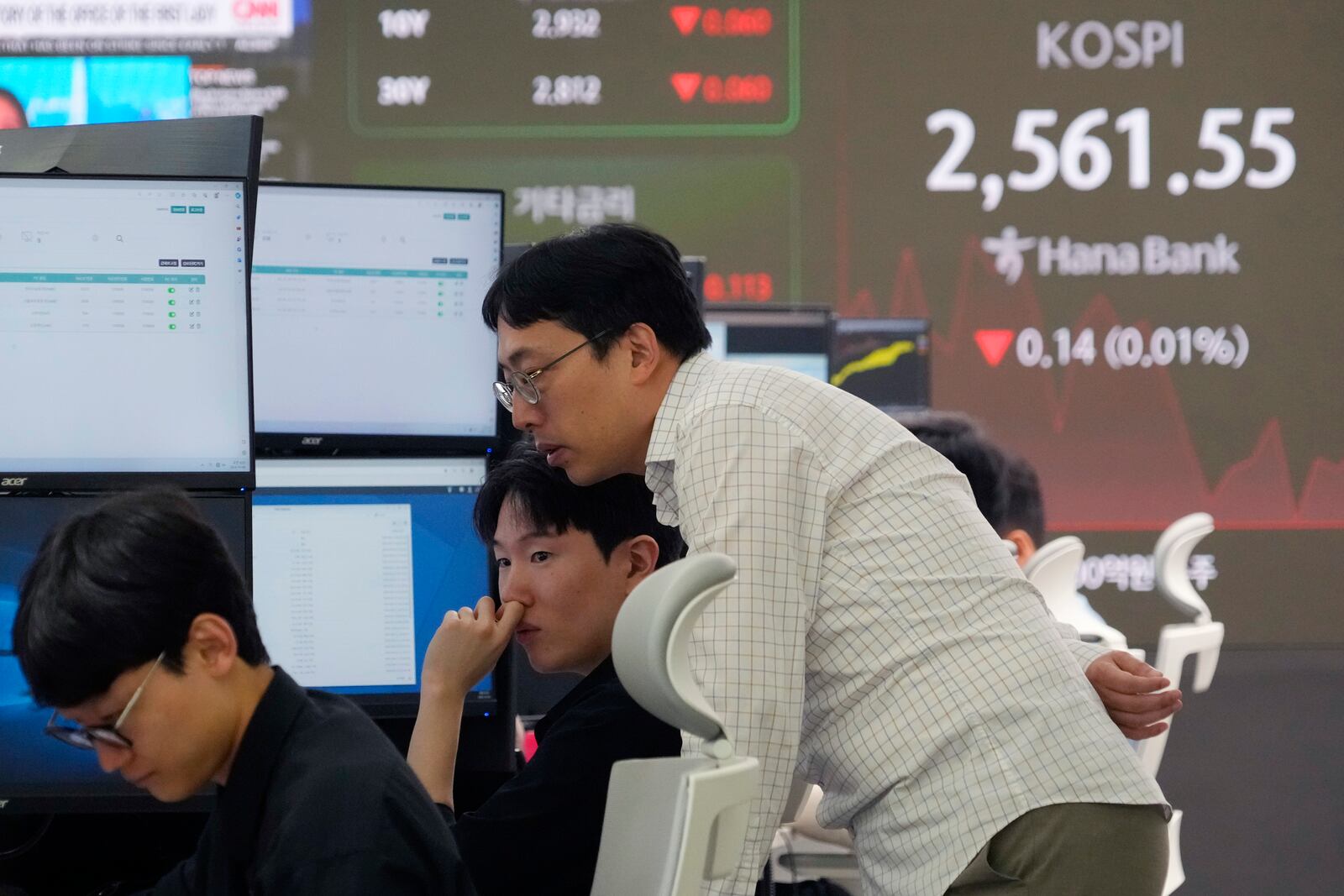 Currency traders watch monitors near a screen showing the Korea Composite Stock Price Index (KOSPI) at the foreign exchange dealing room of the KEB Hana Bank headquarters in Seoul, South Korea, Friday, Oct. 4, 2024. (AP Photo/Ahn Young-joon)