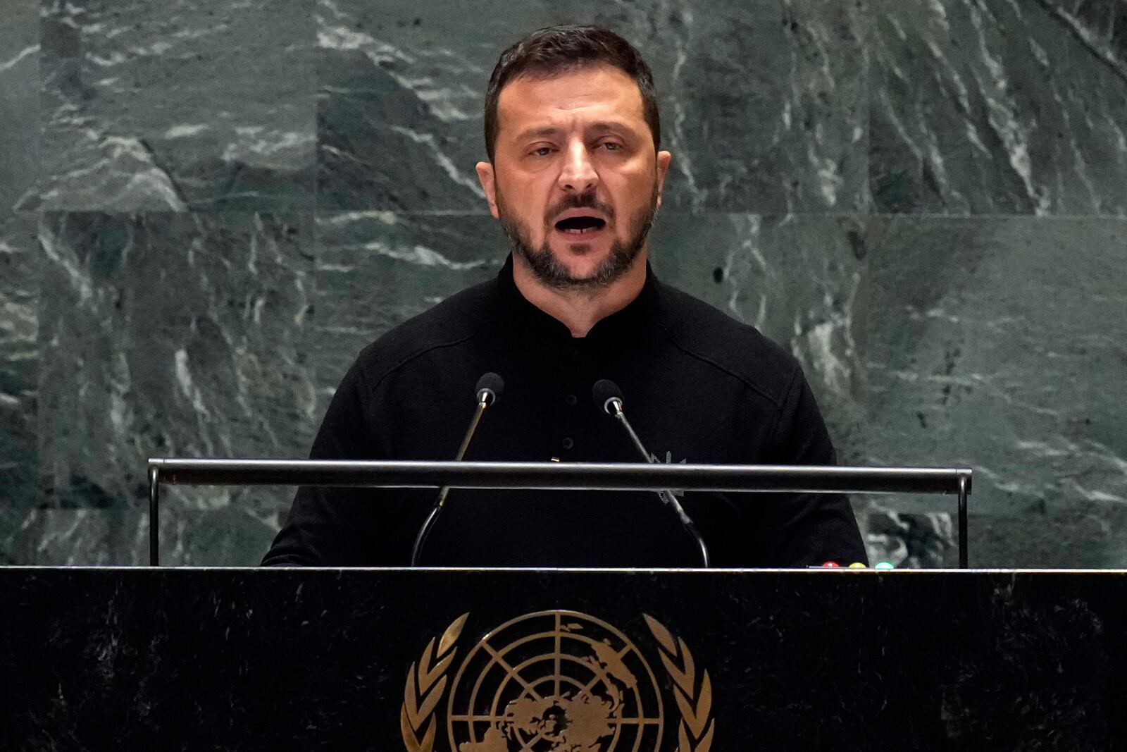 Ukraine President Volodymyr Zelenskyy addresses the 79th session of the United Nations General Assembly, Wednesday, Sept. 25, 2024. (AP Photo/Richard Drew)