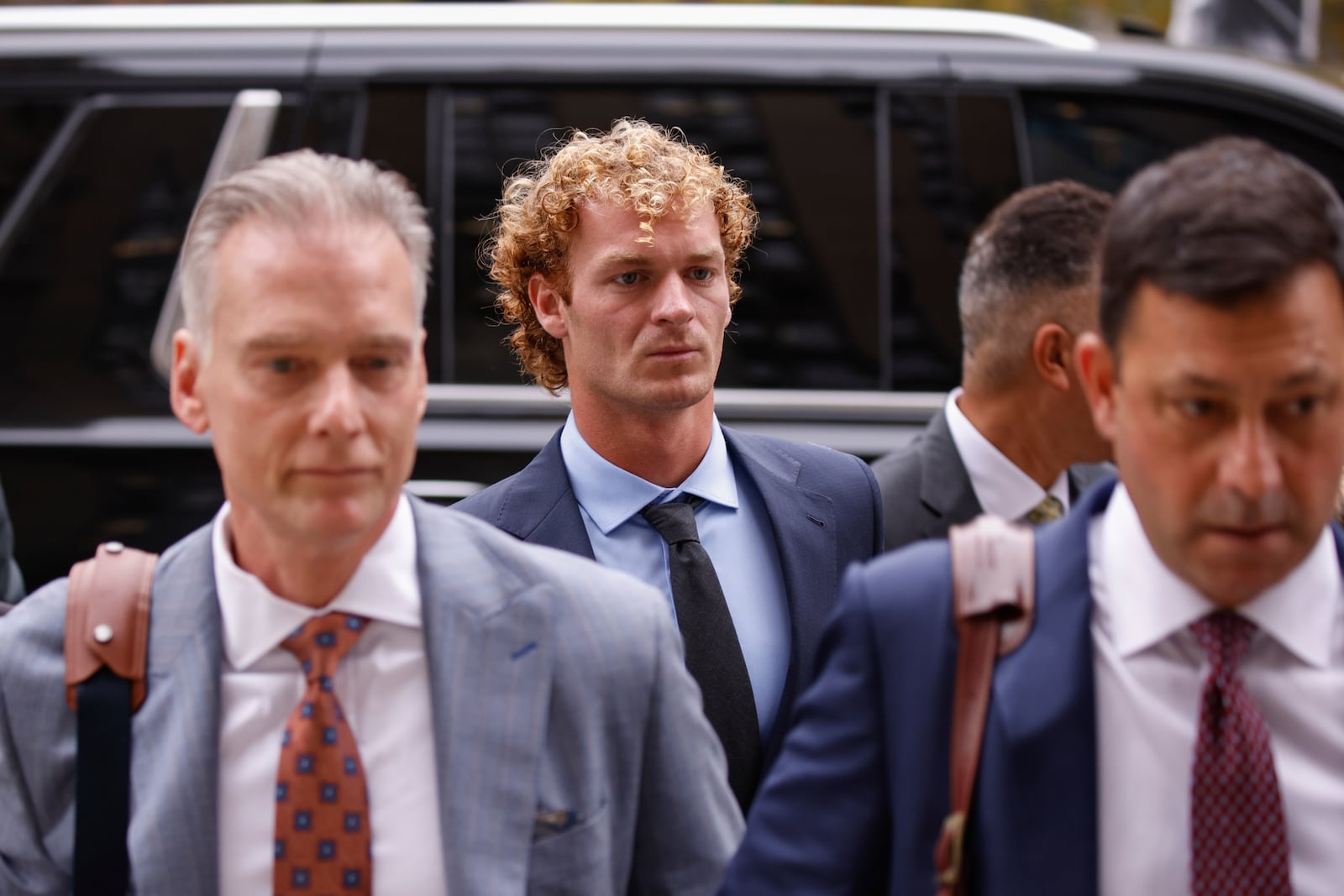 Daniel Penny, accused of choking a distressed Black subway rider to death, arrives for opening statements in New York, Friday, Nov. 1, 2024.(AP Photo/Kena Betancur)