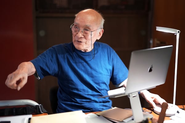 FILE - Shuntaro Tanikawa, a Japanese poet and translator, speaks during an interview with The Associated Press in Tokyo, on May 25, 2022. (AP Photo/Eugene Hoshiko, File)