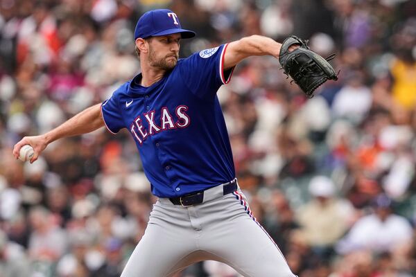 Texas Rangers pitcher Caleb Boushley throws to a San Francisco Giants batter during the fifth inning of a baseball game Sunday, April 27, 2025, in San Francisco. (AP Photo/Godofredo A. Vásquez)