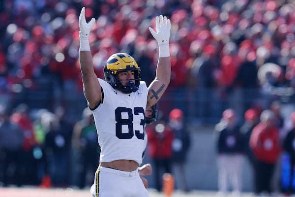 Michigan tight end Zack Marshall celebrates a field goal against Ohio State during the first half of an NCAA college football game Saturday, Nov. 30, 2024, in Columbus, Ohio. (AP Photo/Jay LaPrete)