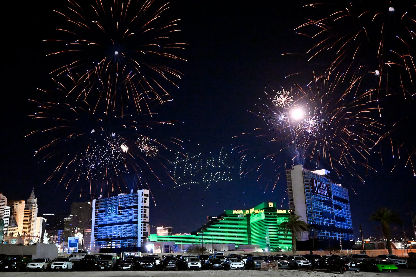 Fireworks are launched before the Tropicana Las Vegas towers are imploded Wednesday, Oct. 9, 2024, in Las Vegas. (AP Photo/David Becker)