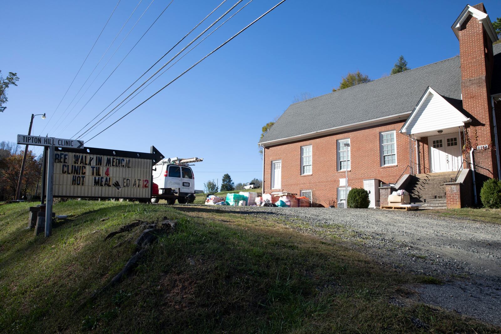 The Tipton Hill community building is being used as a resource hub with food, gas, and medical care in Tipton Hill, N.C. on Oct. 9, 2024. (AP Photo/Gabriela Aoun Angueria)