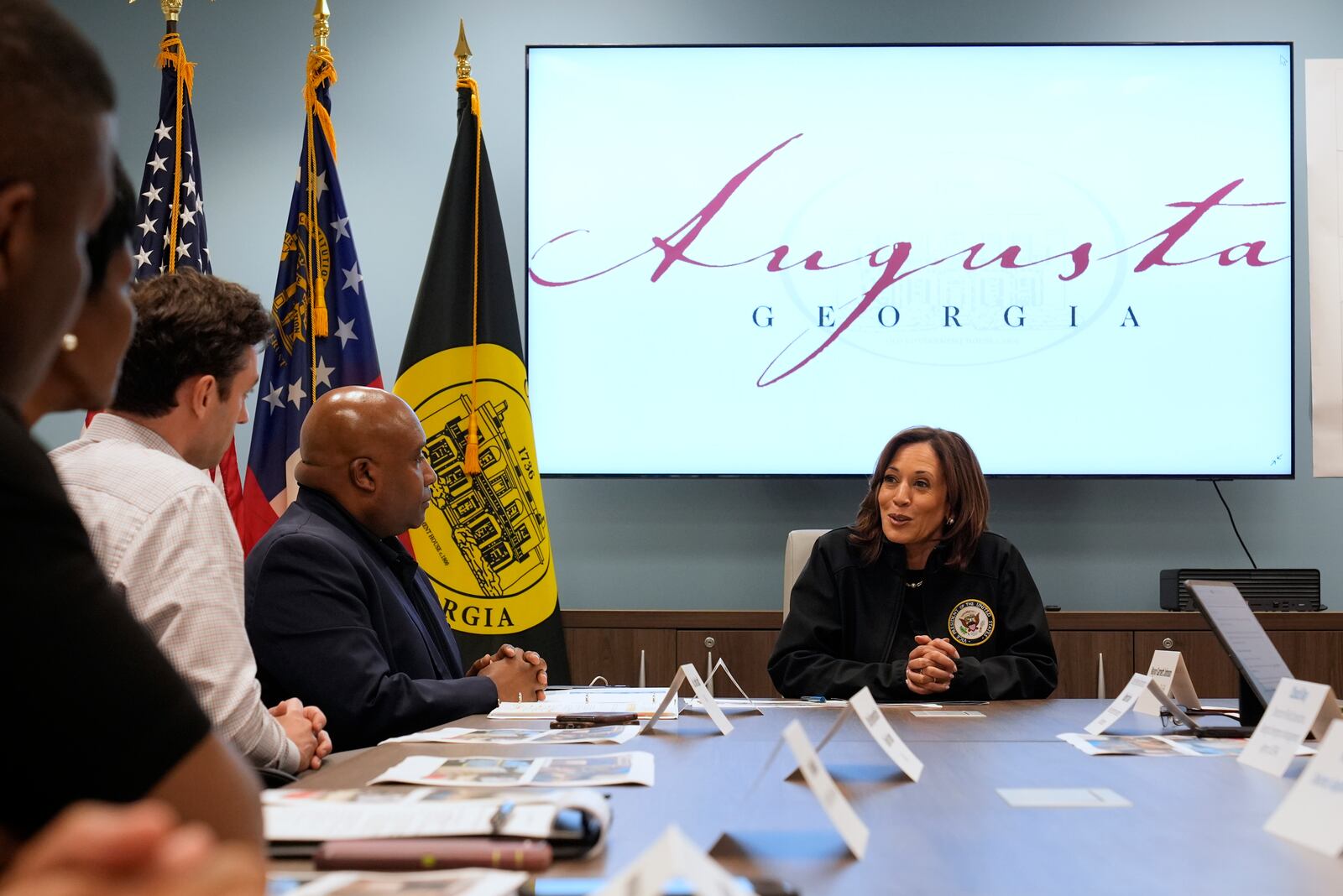 Democratic presidential nominee Vice President Kamala Harris speaks during a briefing at the Augusta Emergency Operations Center as she visits areas impacted by Hurricane Helene, in Augusta, Ga., Wednesday, Oct. 2, 2024. (AP Photo/Carolyn Kaster)