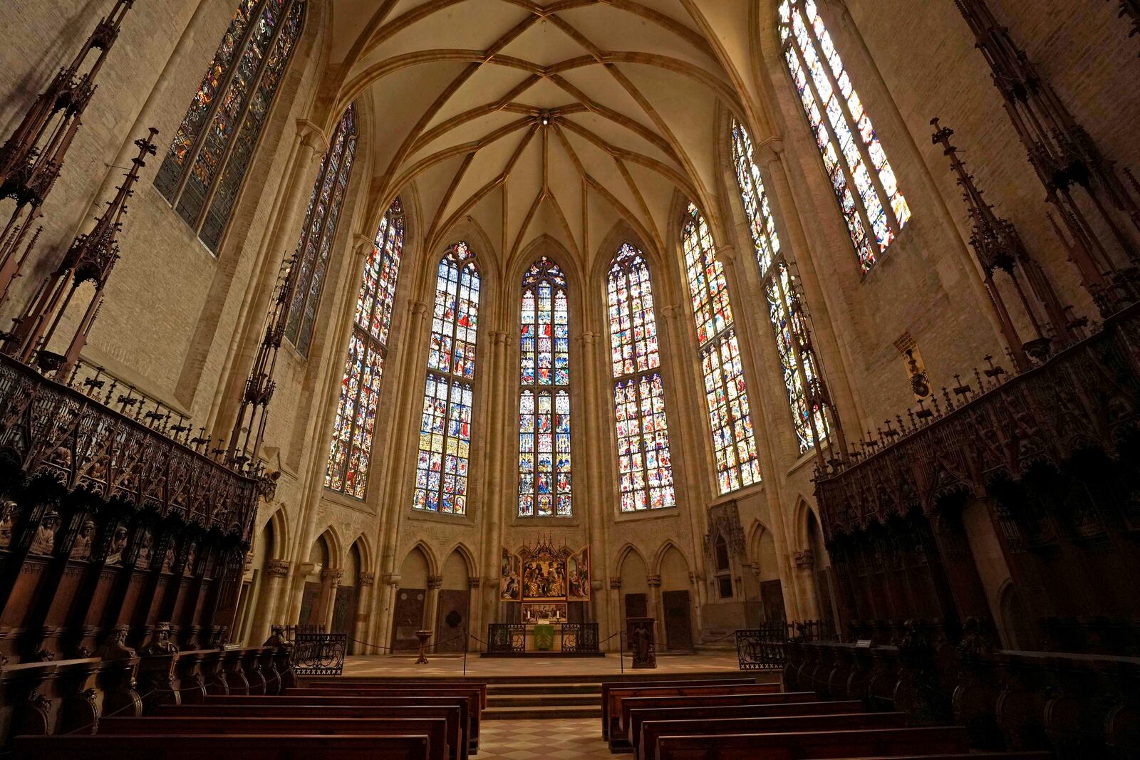 Interior view of Ulmer Münster, the world's tallest church, in Ulm, Germany, Wednesday, Sept. 18, 2024. (AP Photo/Matthias Schrader)