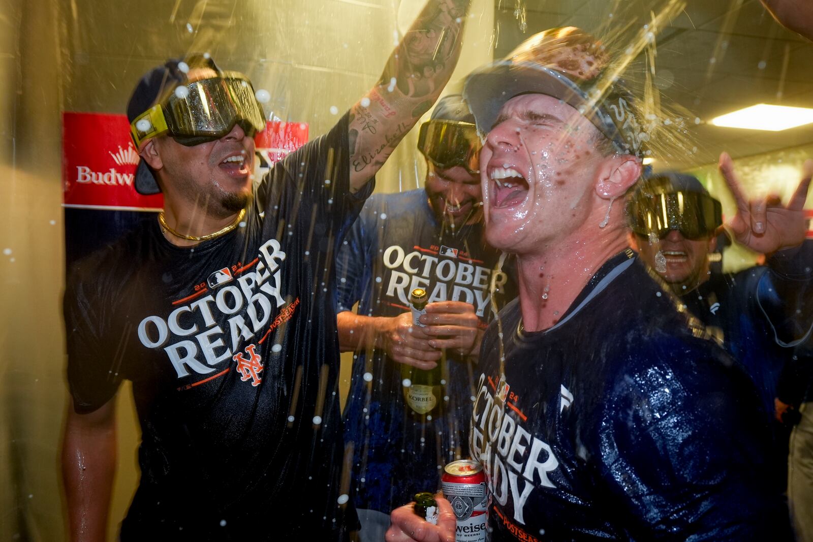 New York Mets' Pete Alonso celebrates with teammates after winning Game 3 of a National League wild card baseball game against the Milwaukee Brewers Thursday, Oct. 3, 2024, in Milwaukee. The Mets won 4-2. (AP Photo/Morry Gash)