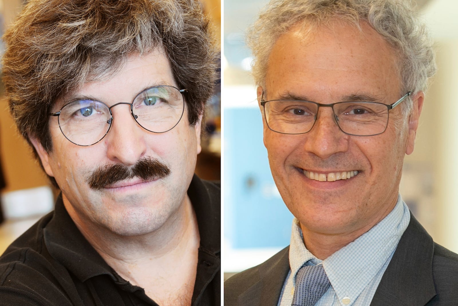 This combo of pictures released by Mass General and UMass show American molecular biologist Gary Ruvkun, left, and UMass Chair in Natural Sciences and professor of molecular medicine, Victor Ambros. (Joshua Touster and UMass via AP)