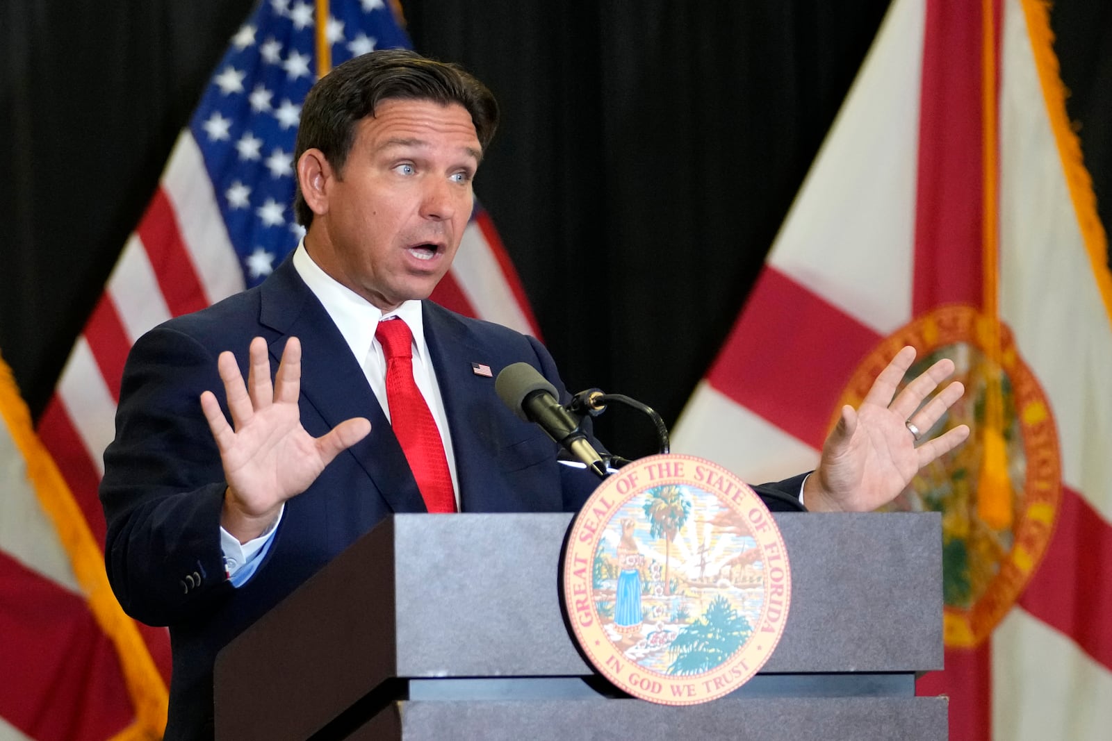 Florida Gov. Ron DeSantis speaks during a news conference in the aftermath of the apparent assassination attempt of Republican presidential nominee and former President Donald Trump Tuesday, Sept. 17, 2024, in West Palm Beach, Fla. (AP Photo/Lynne Sladky)