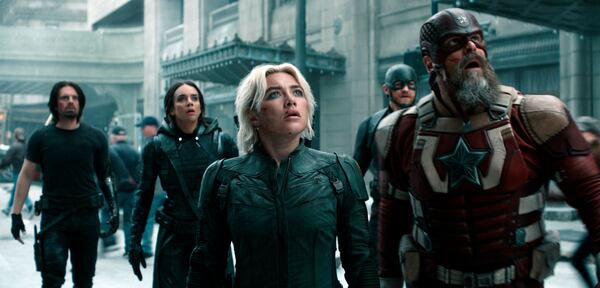 This image released by Marvel Studios shows, from left, Sebastian Stan, Hannah John-Kamen, Florence Pugh, Wyatt Russell and David Harbour in a scene from "Thunderbolts." (Disney-Marvel Studios via AP)