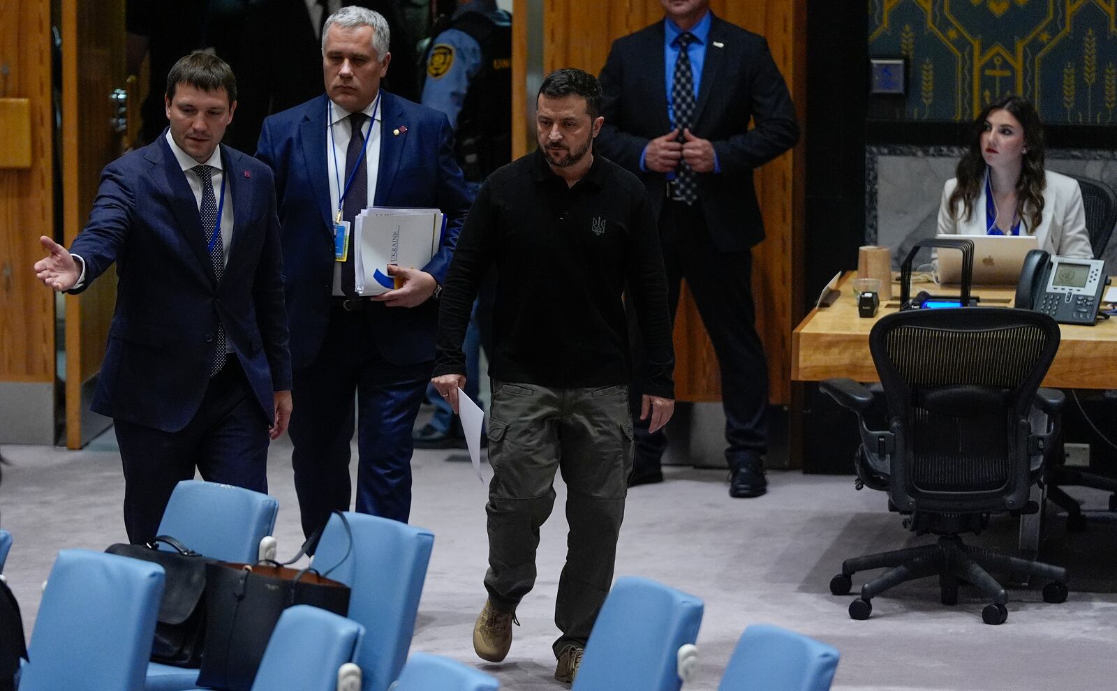 Ukraine President Volodymyr Zelenskyy, right, arrives for a Security Council meeting, Tuesday, Sept. 24, 2024, at UN headquarters. (AP Photo/Julia Demaree Nikhinson, Pool)