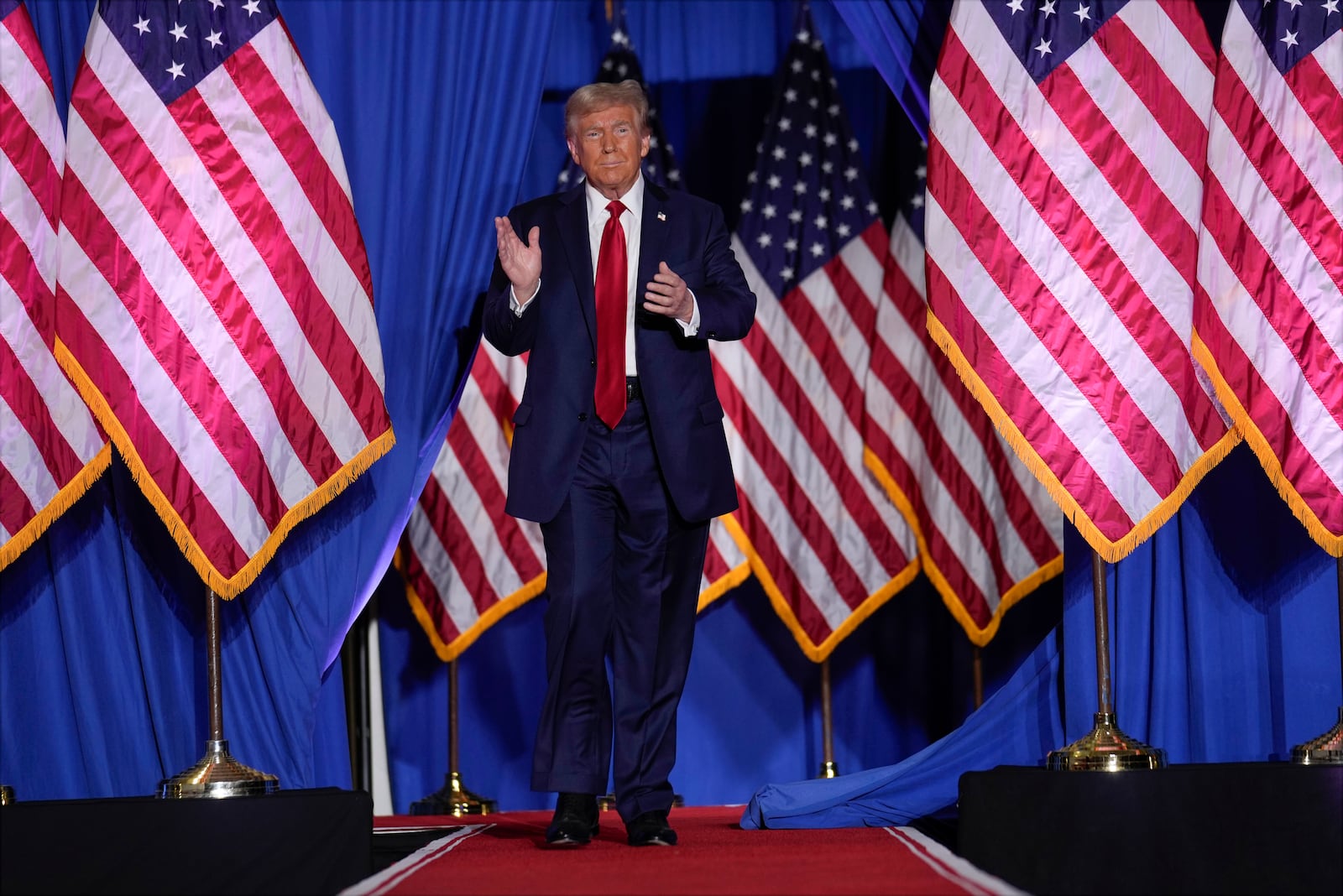 Republican presidential nominee former President Donald Trump arrives for a campaign event, Sunday, Sept. 29, 2024, in Erie, Pa. (AP Photo/Matt Rourke)