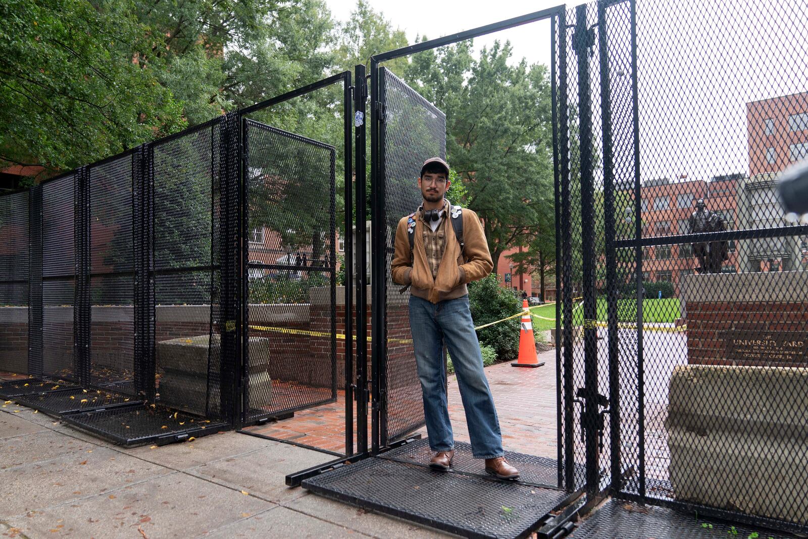 George Washington University student Ty Lindia poses for a photograph at the site of last spring's students tent encampment at George Washington University Yard in Washington, Wednesday, Oct. 2, 2024. (AP Photo/Jose Luis Magana)