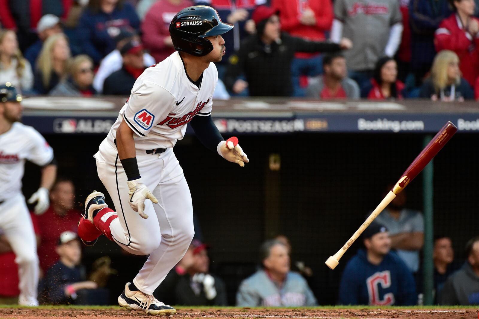 Cleveland Guardians' Steven Kwan watches his single in the sixth inning during Game 2 of baseball's AL Division Series against the Detroit Tigers, Monday, Oct. 7, 2024, in Cleveland. (AP Photo/Phil Long)