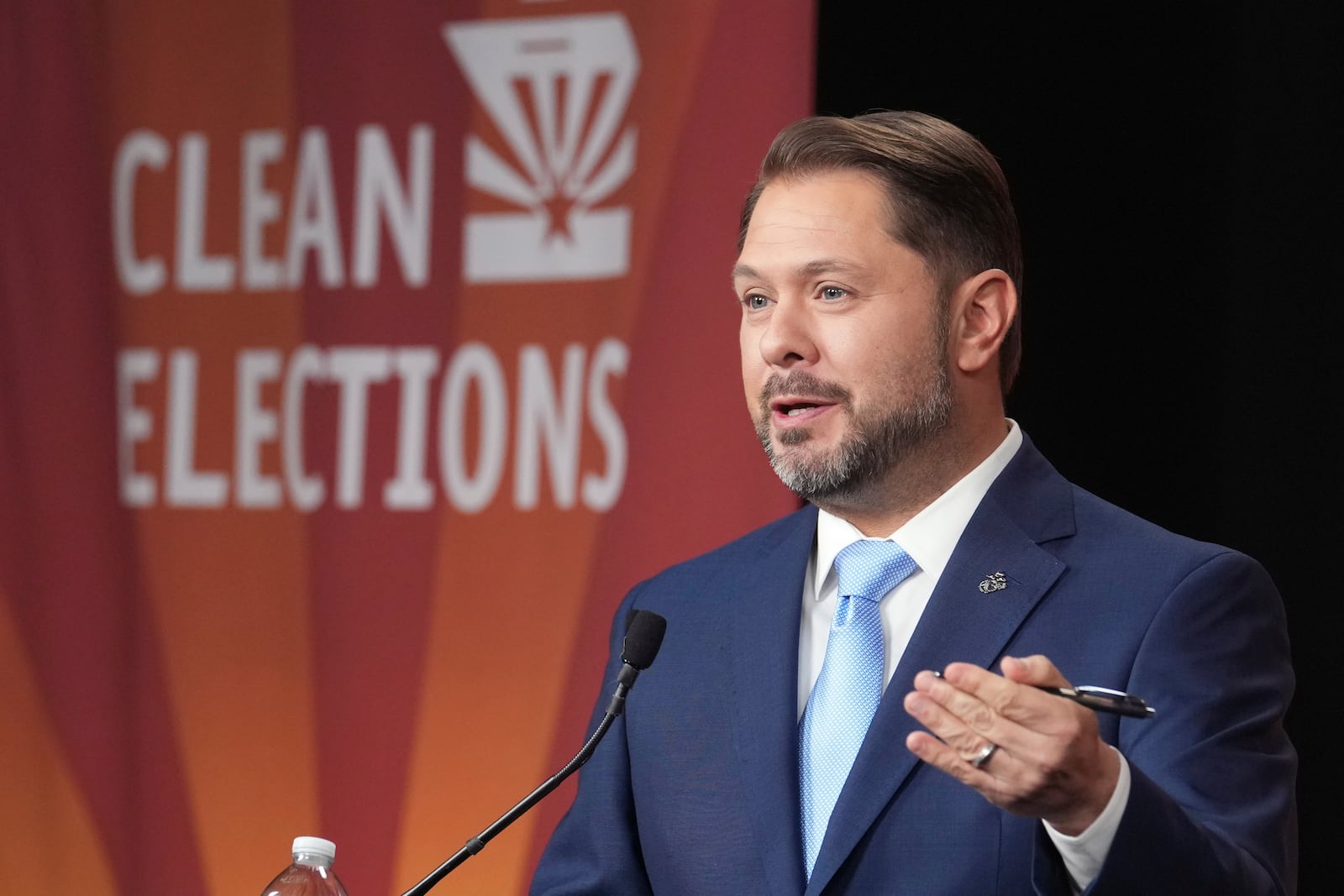 U.S. Senate candidate U.S. Rep. Ruben Gallego, D-Ariz., speaks during a debate with Republican challenger Kari Lake, Wednesday, Oct. 9, 2024, in Phoenix. (Cheryl Evans/Arizona Republic via AP)