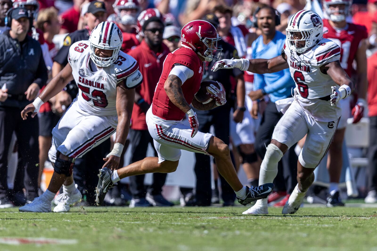 Alabama defensive back Domani Jackson (1) runs out the clock as he returns interception on the game's final play in the second half of an NCAA college football game against South Carolina, Saturday, Oct. 12, 2024, in Tuscaloosa, Ala. (AP Photo/Vasha Hunt)