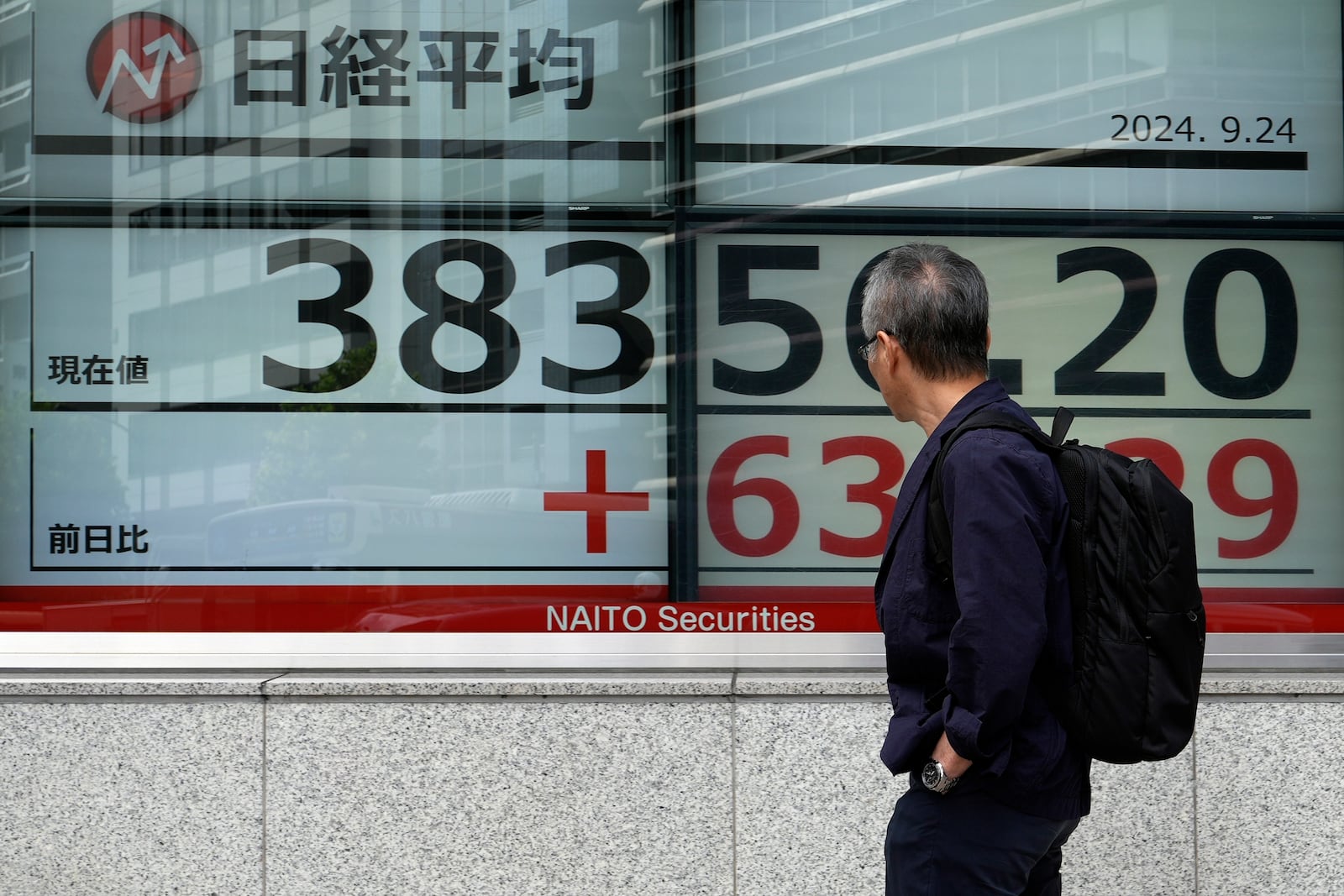 A person looks at an electronic stock board showing Japan's Nikkei index at a securities firm Tuesday, Sept. 24, 2024, in Tokyo. (AP Photo/Eugene Hoshiko)