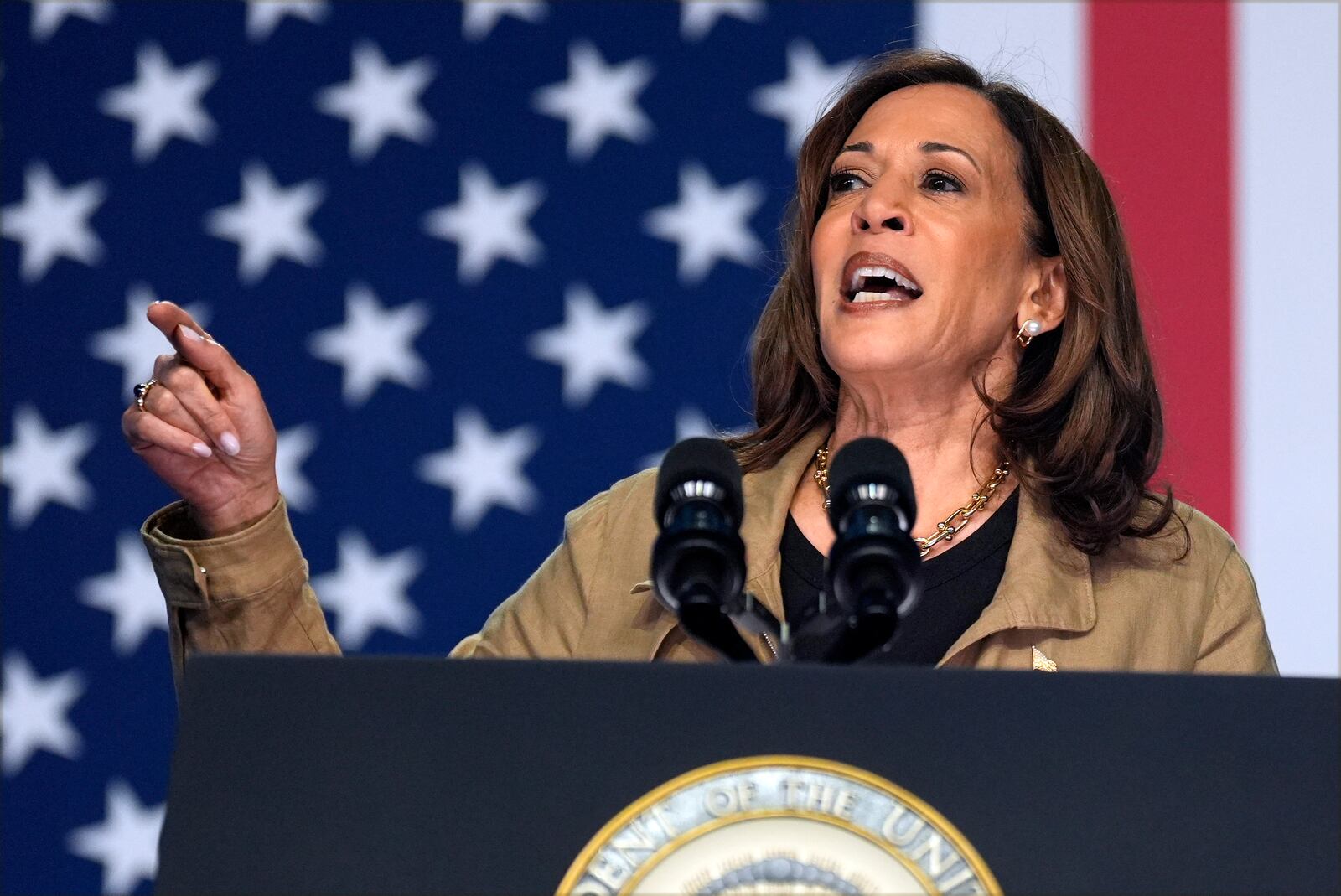 Democratic presidential nominee Vice President Kamala Harris speaks at Cochise College Douglas Campus in Douglas, Ariz., Friday, Sept. 27, 2024. (AP Photo/Carolyn Kaster)